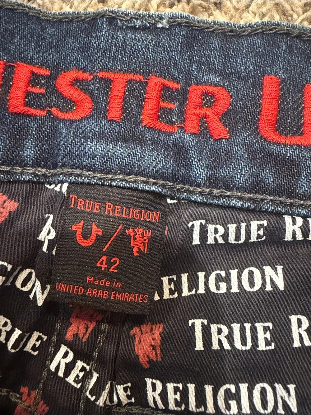 True Religion Men's Indigo Straight Jeans with Red Accent